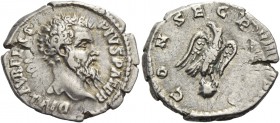 Pertinax, 193. Divus Pertinax. Denarius 193, AR 3.47 g. Bare head r. Rev. Eagle standing facing on globe, with head l. and open wings. C 6. RIC S. Sev...
