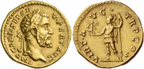 Septimius Severus, 193 – 211. Aureus 193, AV 7.29 g. Laureate head r. Rev. Virtus standing to front, head l., holding Victory in r. hand and reverted ...