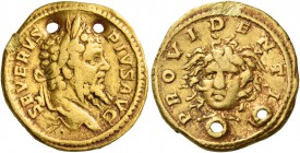 Septimius Severus, 193 – 211. Aureus 202-210, AV 7.07 g. Laureate head r. Rev. Gorgoneion facing. C 589. RIC 285. Calicó 2523. Extremely rare. A very ...