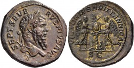 Septimius Severus, 193 – 211. Sestertius 202-210, Æ 27.22 g. Laureate head r. Rev. Two Victories standing l. and r. fixing shield on palm, at foot of ...