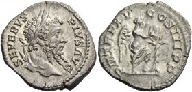 Septimius Severus, 193 – 211. Denarius 207, AR 3.26 g. Laureate head r. Rev. Victory standing r., foot on globe, inscribing shield set on palm. C 489....