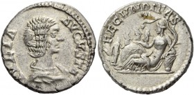 Julia Domna, wife of Septimius Severus. Denarius 196-211, AR 3.64 g. Draped bust r. Rev. Terra reclining l. under tree, l. arm on basket of fruit and ...