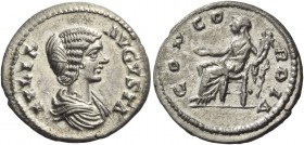 Julia Domna, wife of Septimius Severus. Denarius, Laodicaea 196-202, AR 3.31 g. Draped bust r. Rev. Concordia seated l., holding patera and double cor...