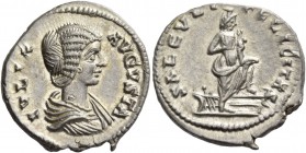 Julia Domna, wife of Septimius Severus. Denarius, Laodicaea 196-202, AR 2.98 g. Draped bust r. Rev. Isis wearing polos, standing r., resting l. foot o...