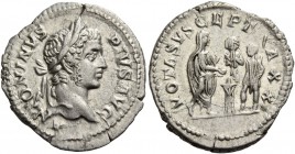 Caracalla, 198 – 217. Denarius 206-210, AR 3.00 g. Laureate head r. Rev. S. Severus, veilded, standing r., sacrificing out of patera over tripod; in r...