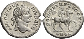 Caracalla, 198 – 217. Denarius 208, AR 3.59 g. Laureate head r. Rev. Caracalla riding horse r., holding transverse spear. C 511. RIC 107. Good very fi...