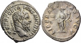 Caracalla, 198 – 217. Denarius 210-212, AR 3.04 g. Laureate head r. Rev. Liberalitas standing l., holding abacus and cornucopiae. C 68. RIC 88. Good v...
