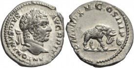 Caracalla, 198 – 217. Denarius 212, AR 3.31 g. Laureate head r. Rev. Elephant walking r. C 208. RIC 199. Extremely fine