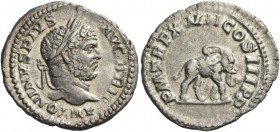 Caracalla, 198 – 217. Denarius 212, AR 3.10 g. Laureate head r. Rev. Elephant walking r. C 208. RIC 199. About extremely fine Ex Rauch sale 91, 2012, ...