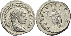 Caracalla, 198 – 217. Antoninianus 213-217, AR 5.52 g. Radiate and draped bust r. Rev. Venus standing l., holding Victory and sceptre and leaning on s...