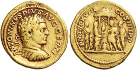 Caracalla, 198 – 217. Aureus 215, AV 7.36 g. Laureate and cuirassed bust r. Rev. Caracalla in military attire, standing l., sacrificing over lighted a...