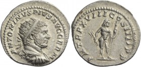 Caracalla, 198 – 217. Antoninianus 215, AR 5.01 g. Radiate, draped and cuirassed bust r. Rev. Jupiter standing r., holding thunderbolt and sceptre. C ...