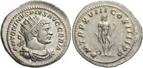 Caracalla, 198 – 217. Antoninianus 215, AR 5.19 g. Radiate, draped and cuirassed bust r. Rev. Jupiter standing r., holding thunderbolt and sceptre. C ...