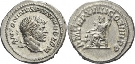 Caracalla, 198 – 217. Denarius 215, AR 3.96 g. Laureate head r. Rev. Pluto seated l., holding sceptre and extending hand towards Cerberus. C 299. RIC ...