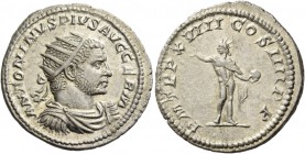 Caracalla, 198 – 217. Antoninianus 215, AR 4.72 g. Radiate, draped and cuirassed bust r. Rev. Sol, radiate, standing facing, head l., raising r. hand ...