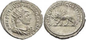 Caracalla, 198 – 217. Antoninianus 216, AR 5.17 g. Radiate, draped and cuirassed bust r. Rev. Radiate lion walking l, holding thunderbolt in its jaws....