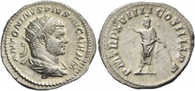 Caracalla, 198 – 217. Antoninianus 216, AR 4.95 g. Radiate and draped bust r. Rev. Serapis, wearing polos, standing l., raising r. hand and holding sc...