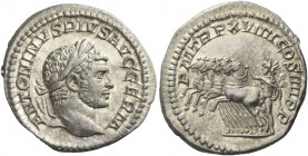 Caracalla, 198 – 217. Denarius 216, AR 2.87 g. Laureate head r. Rev. Sol mounting quadriga l. C 355. RIC 282 f. Rare. Light iridescent tone and extrem...