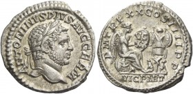 Caracalla, 198 – 217. Denarius 217, AR 2.61 g. Laureate head r. Rev. Victory seated r. on cuirass and shields, holding shield; in r. field, trophy and...