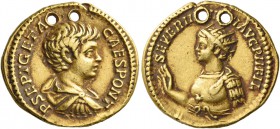 Geta caesar, 198 – 209. Aureus 200, AV 7.27 g. Bare-headed, draped and cuirassed bust r. Rev. Half-length and radiate bust (Caracalla ?) l., draped an...