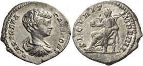 Geta caesar, 198 – 209. Denarius, 200-202, AR 3.04 g. Bare-headed, draped and cuirassed bust r. Rev. Securitas seated l., holding globe. C 183. RIC 20...