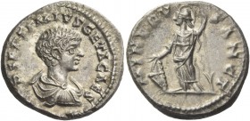 Geta caesar, 198 – 209. Denarius, Laodicaea 200-202, AR 4.29 g. Bare-headed, draped and cuirassed bust r. Rev. Minerva standing l., holding shield and...