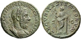 Macrinus, 217 – 218. As 217, Æ 11.64 g. Laureate and draped bust r. Rev. Saecuritas standing l., holding sceptre and leaning on column. C 124. RIC 204...