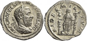 Macrinus, 217 – 218. Denarius 217-218, AR 2.98 g. Laureate and cuirassed bust r. Rev. Fides standing facing, head r. and r. foot on helmet, holding st...