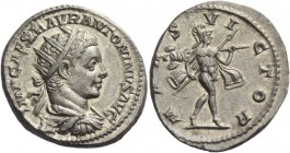 Elagabalus, 218 – 222. Antoninianus 218-219, AR 5.42 g. Radiate, draped, and cuirassed bust r. Rev. Mars advancing r., holding spear and trophy over s...