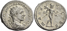 Elagabalus, 218 – 222. Antoninianus 218-219, AR 6.37 g. Radiate, draped, and cuirassed bust r. Rev. Mars advancing r., holding spear and trophy over s...