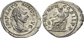 Elagabalus, 218 – 222. Denarius 218-222, AR 3.10 g. Laureate and draped bust r. Rev. Fortuna seated l., holding rudder on globe and cornucopiae; below...