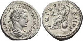 Elagabalus, 218 – 222. Antoninianus 219, AR 5.93 g. Radiate and draped bust r. Rev. Roma seated l., holding Victory and spear; in r. field, shield. C ...