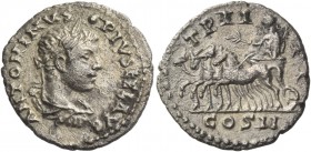 Elagabalus, 218 – 222. Denarius, Antiochia 219, AR 2.30 g. Laureate, draped, and cuirassed bust r. Rev. Emperor driving quadriga r., holding branch an...
