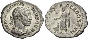 Elagabalus, 218 – 222. Denarius 220-222, AR 2.90 g. Laureate and draped bust r. Rev. Emperor standing l., sacrificing over tripod, holding patera and ...