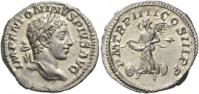 Elagabalus, 218 – 222. Denarius 221, AR 2.96 g. Laureate head r. Rev. Victory advancing l., holding wreath; at sides, two shields. C 195. RIC 45. Good...