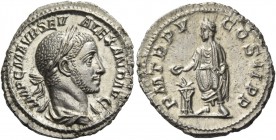 Severus Alexander augustus, 222 – 235. Denarius 226, AR 3.10 g. Laureate and draped bust r. Rev. Emperor standing l., sacrificing out of patera over a...