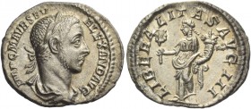 Severus Alexander augustus, 222 – 235. Denarius 226, AR 2.83 g. Laureate and draped bust r. Rev. Liberalitas standing facing, head l., holding abacus ...