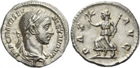 Severus Alexander augustus, 222 – 235. Denarius 226, AR 3.52 g. Laureate and draped bust r. Rev. Pax advancing l., holding branch and sceptre. C 187. ...