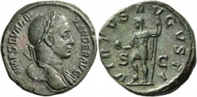 Severus Alexander augustus, 222 – 235. Sestertius 230, Æ 21.80 g. Laureate bust r., slight drapery on l. shoulder. Rev. Emperor standing l., foot on h...