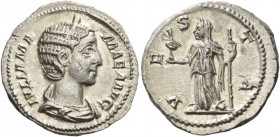 Julia Mamea, mother of Severus Alexander. Denarius 222-235, AR 3.52 g. Draped bust r. Rev. Vesta standing l., holding Victory and sceptre. C 81. RIC S...