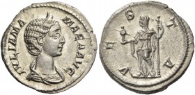 Julia Mamea, mother of Severus Alexander. Denarius 222-235, AR 3.68 g. Draped bust r. Rev. Vesta standing l., holding Victory and sceptre. C 81. RIC S...