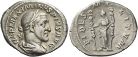 Maximinus I, 235-238. Denarius 235-236, AR 3.76 g. Laureate, draped, and cuirassed bust r. Rev. Fides standing facing, head l., holding signum with ea...