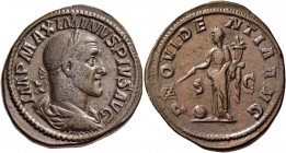 Maximinus I, 235-238. Sestertius 235-236, Æ 24.19 g. Laureate, draped and cuirassed bust r. Rev. Providentia standing l., holding wand over globe and ...