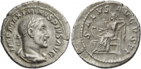 Maximinus I, 235-238. Denarius 236, AR 2.92 g. Laureate, draped and cuirassed bust r. Rev. Salus seated l., feeding serpent rising from altar. C. 85. ...