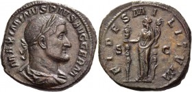 Maximinus I, 235-238. Sestertius 236-237, Æ 24.21 g. Laureate, draped and cuirassed bust r. Rev. Fides standing facing, head l., holding two standards...