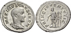 Maximus caesar, late 235 – early 236. Denarius early 236-March/April 238, AR 3.34 g. Draped and cuirassed bust r. Rev. Maximus standing l., holding ba...
