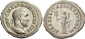 Pupienus, 22nd April – 29th July 238. Denarius April-June 238, AR 2.18 g. Laureate and draped bust r. Rev. Liberalitas standing l., holding abacus and...