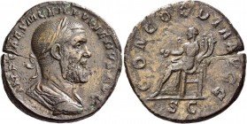 Pupienus, 22nd April – 29th July 238. Sestertius 238, Æ 18.47 g. Laureate, draped and cuirassed bust r. Rev. Concordia seated l., holding patera and d...