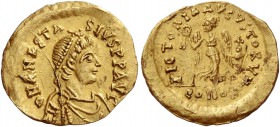 Anastasius I, 491 – 518. Tremissis 497-518, AV 1.48 g. Diademed, draped and cuirassed bust r. Rev. Victory advancing r., head l., holding wreath and g...