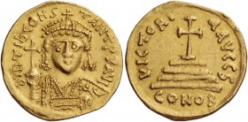 Tiberius II Constantine, 578 – 582. Solidus 579-582, AV 4.47 g. Cuirassed bust facing, wearing crown with cross on circlet and pendilia, holding globu...